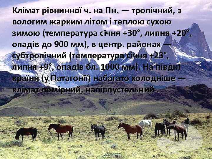 Клімат рівнинної ч. на Пн. — тропічний, з вологим жарким літом і теплою сухою
