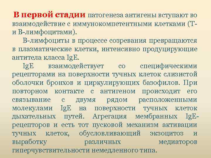  В первой стадии патогенеза антигены вступают во взаимодействие с иммунокомпетентными клетками (Т- и