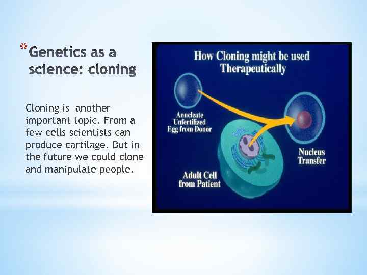 * Cloning is another important topic. From a few cells scientists can produce cartilage.