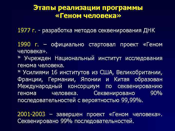 Этапы реализации программы «Геном человека» 1977 г. - разработка методов секвенирования ДНК 1990 г.