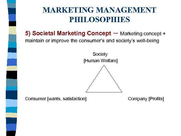 MARKETING MANAGEMENT PHILOSOPHIES 5) Societal Marketing Concept – Marketing concept + maintain or improve