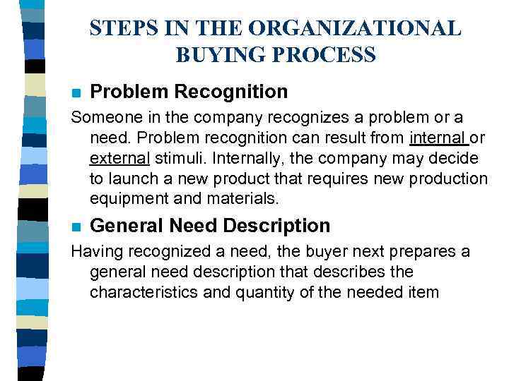 STEPS IN THE ORGANIZATIONAL BUYING PROCESS n Problem Recognition Someone in the company recognizes