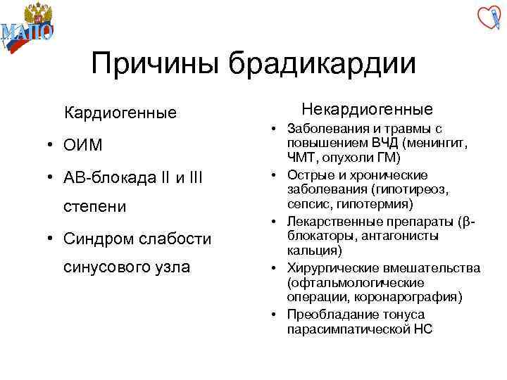 Причины брадикардии Кардиогенные • ОИМ • АВ-блокада II и III степени • Синдром слабости