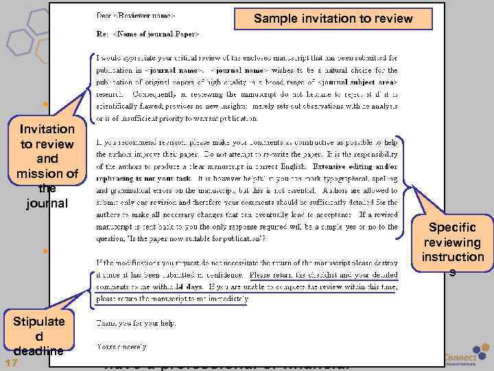 Sample invitation to review Considerations upon being asked to review • Expertise/ competence to