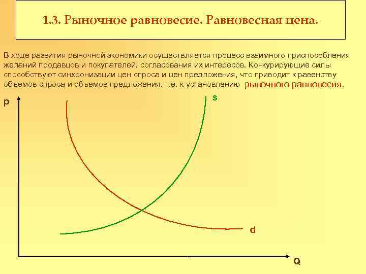 1. 3. Рыночное равновесие. Равновесная цена. В ходе развития рыночной экономики осуществляется процесс взаимного