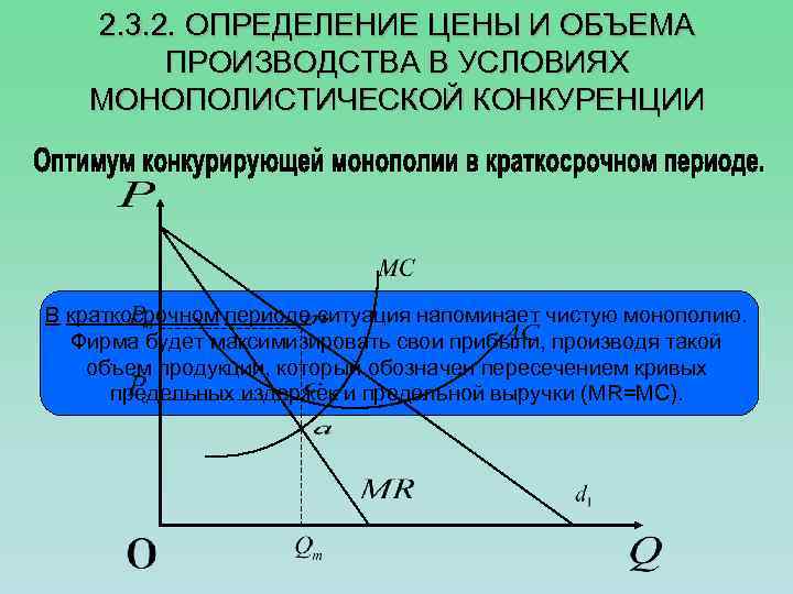 2. 3. 2. ОПРЕДЕЛЕНИЕ ЦЕНЫ И ОБЪЕМА ПРОИЗВОДСТВА В УСЛОВИЯХ МОНОПОЛИСТИЧЕСКОЙ КОНКУРЕНЦИИ В краткосрочном