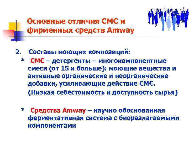 Основные отличия СМС и фирменных средств Amway 2. Составы моющих композиций: * СМС –