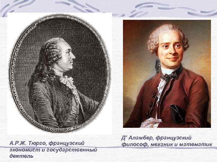 А. Р. Ж. Тюрго, французский экономист и государственный деятель Д’ Аламбер, французский философ, механик