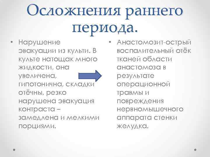 Осложнения раннего периода. • Нарушение эвакуации из культи. В культе натощак много жидкости, она