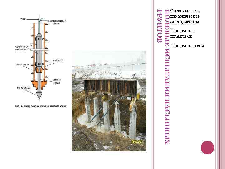 ПОЛЕВЫЕ ИСПЫТАНИЯ НАСЫПНЫХ ГРУНТОВ Статическое и динамическое зондирование Испытание штампами Испытание свай 