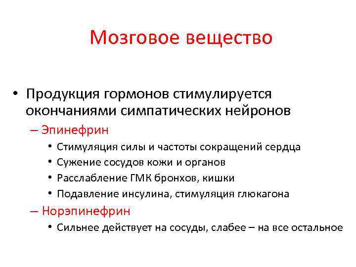 Мозговое вещество • Продукция гормонов стимулируется окончаниями симпатических нейронов – Эпинефрин • • Стимуляция