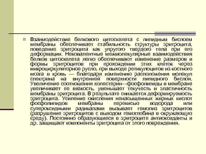 n Взаимодействие белкового цитоскелета с липидным бислоем мембраны обеспечивает стабильность структуры эритроцита, поведение эритроцита