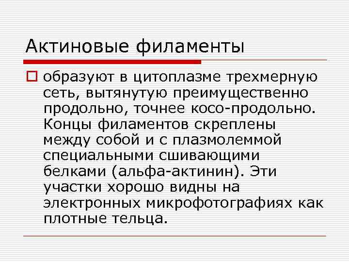 Актиновые филаменты o образуют в цитоплазме трехмерную сеть, вытянутую преимущественно продольно, точнее косо-продольно. Концы