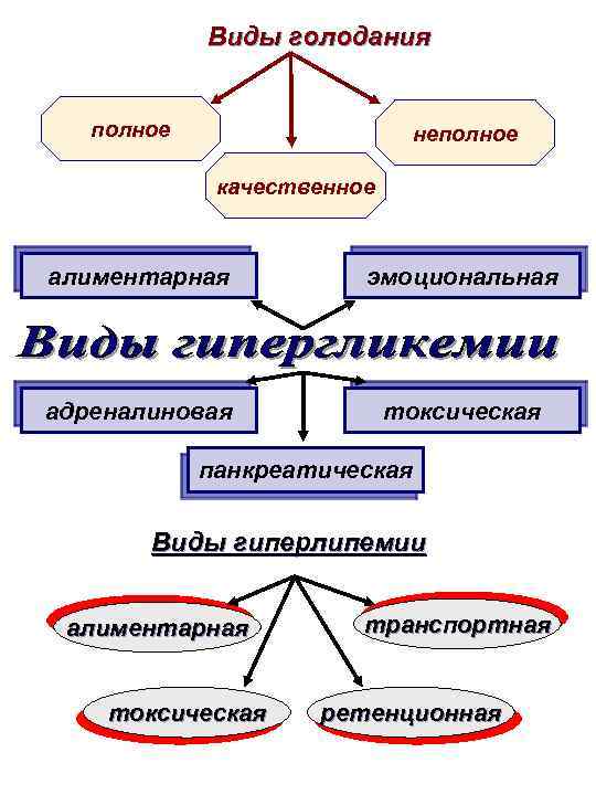 Виды голодания полное неполное качественное алиментарная эмоциональная адреналиновая токсическая панкреатическая Виды гиперлипемии алиментарная токсическая