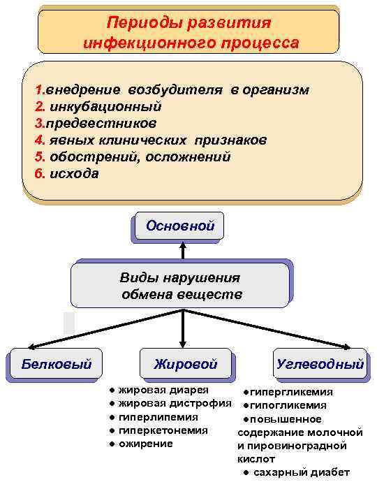 Периоды развития инфекционного процесса 1. внедрение возбудителя в организм 2. инкубационный 3. предвестников 4.