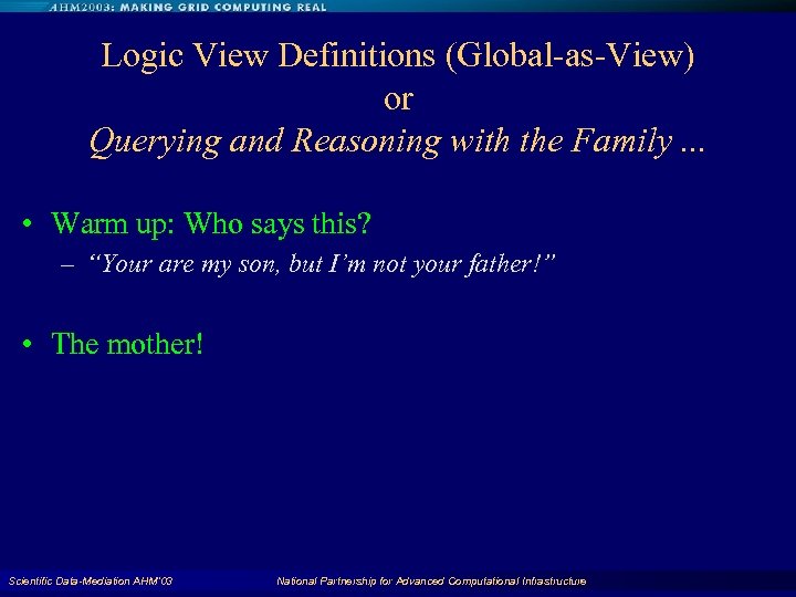 Logic View Definitions (Global-as-View) or Querying and Reasoning with the Family. . . •