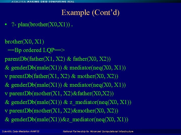 Example (Cont’d) • ? - plan(brother(X 0, X 1)). brother(X 0, X 1) ==Bp