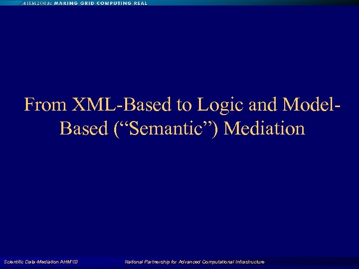 From XML-Based to Logic and Model. Based (“Semantic”) Mediation Scientific Data-Mediation AHM'03 National Partnership