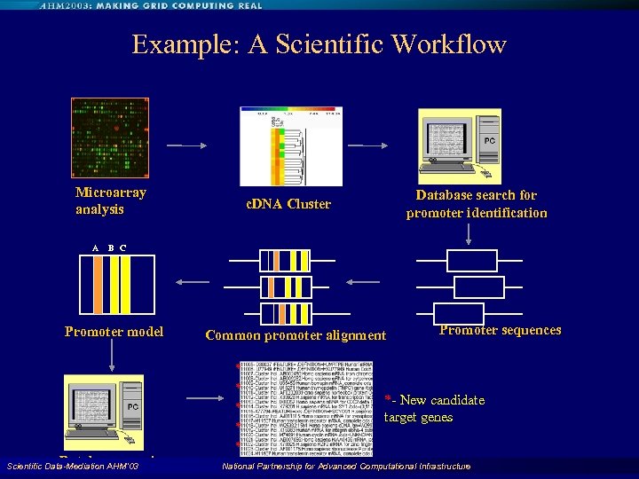 Example: A Scientific Workflow Microarray analysis A Database search for promoter identification c. DNA