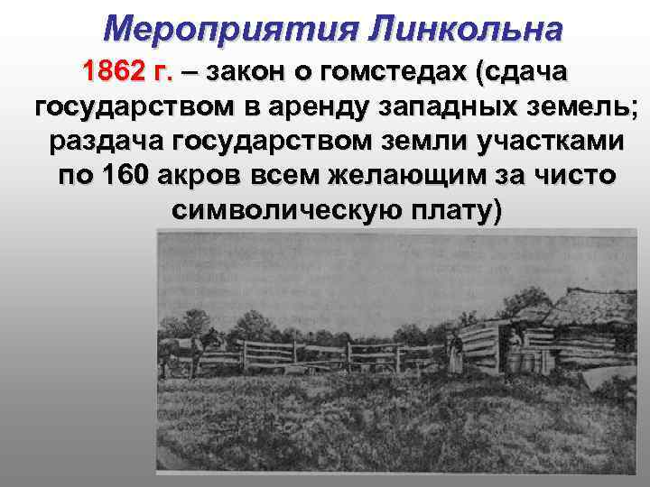 Мероприятия Линкольна 1862 г. – закон о гомстедах (сдача государством в аренду западных земель;