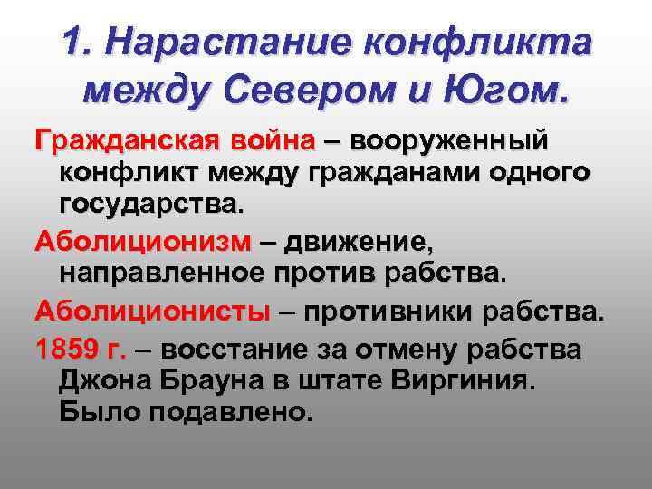 1. Нарастание конфликта между Севером и Югом. Гражданская война – вооруженный конфликт между гражданами