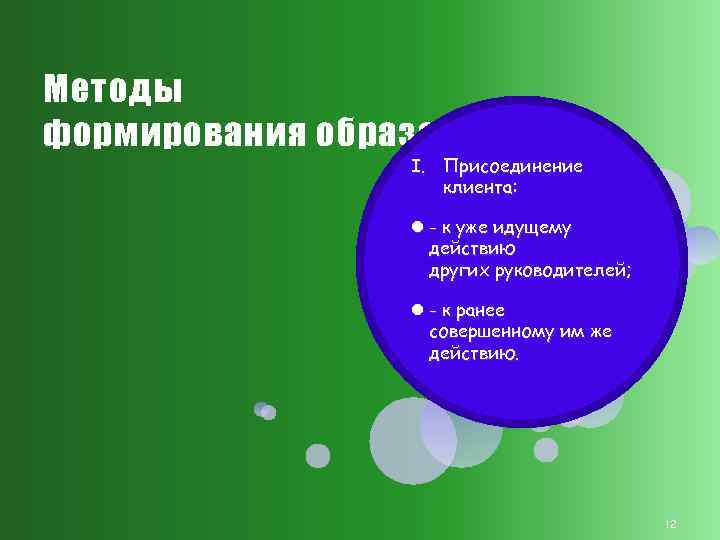 Методы формирования образа I. Присоединение клиента: - к уже идущему действию других руководителей; -