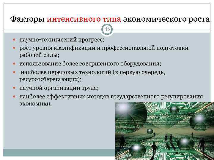 Факторы интенсивного типа экономического роста 15 научно-технический прогресс; рост уровня квалификации и профессиональной подготовки