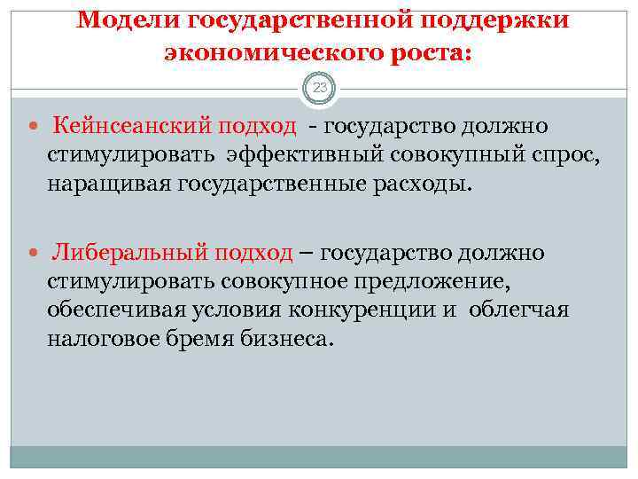 Модели государственной поддержки экономического роста: 23 Кейнсеанский подход - государство должно стимулировать эффективный совокупный