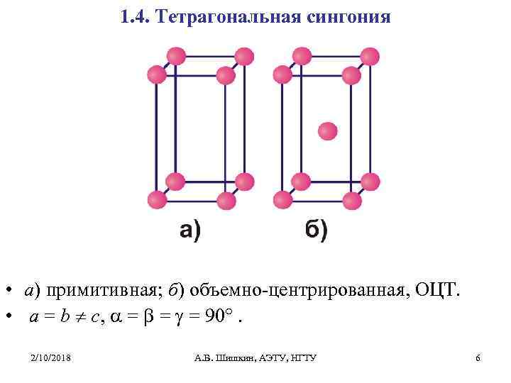 1. 4. Тетрагональная сингония • а) примитивная; б) объемно-центрированная, ОЦТ. • a = b