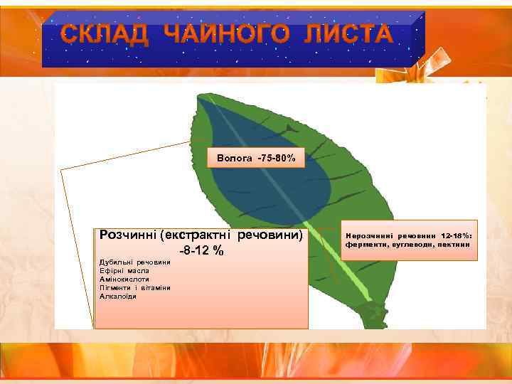 Волога -75 -80% Розчинні (екстрактні речовини) -8 -12 % Дубильні речовини Ефірні масла Амінокислоти