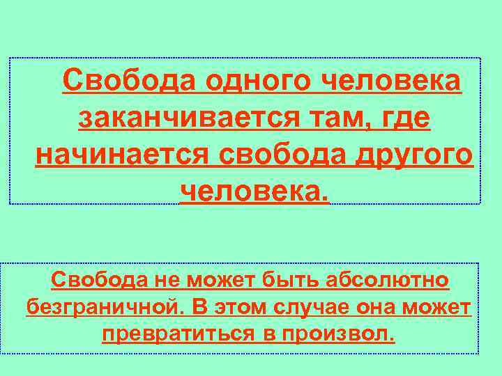 Свобода одного человека заканчивается там, где начинается свобода другого человека. Свобода не может быть