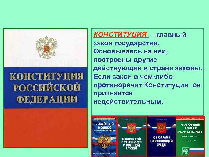 КОНСТИТУЦИЯ – главный закон государства. Основываясь на ней, построены другие действующие в стране законы.