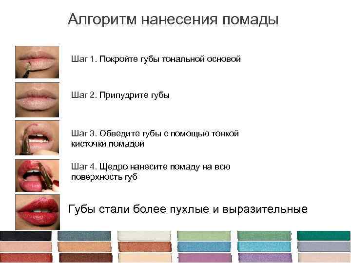  Алгоритм нанесения помады Шаг 1. Покройте губы тональной основой Шаг 2. Припудрите губы