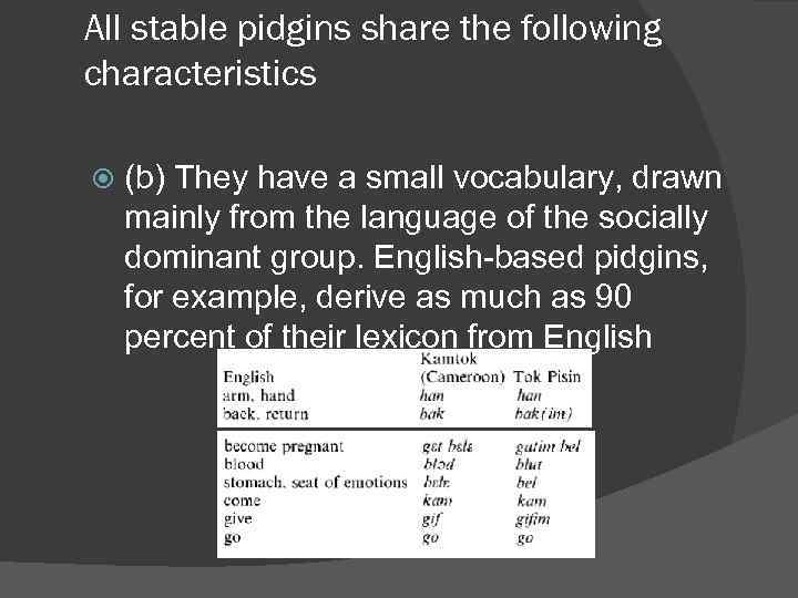 All stable pidgins share the following characteristics (b) They have a small vocabulary, drawn