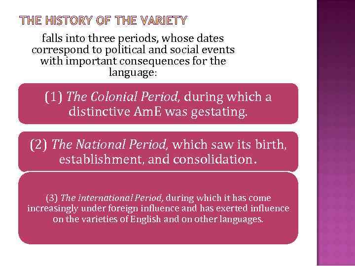 falls into three periods, whose dates correspond to political and social events with important