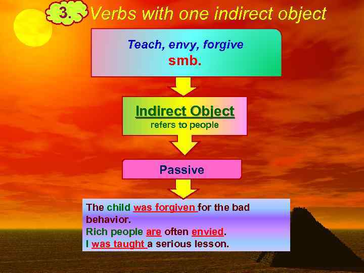 3. Verbs with one indirect object Teach, envy, forgive smb. Indirect Object refers to