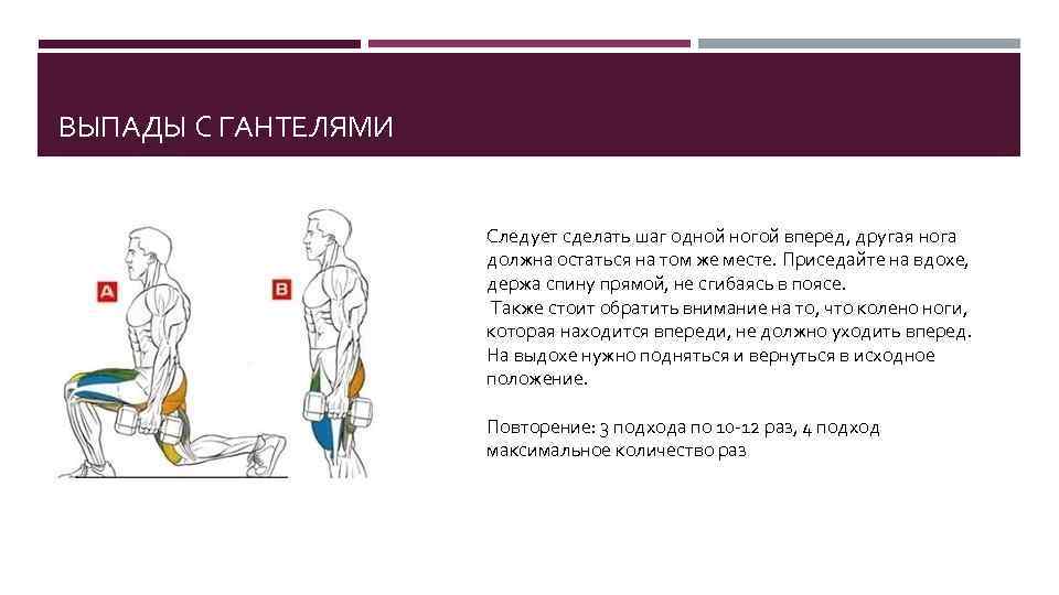 ВЫПАДЫ С ГАНТЕЛЯМИ Следует сделать шаг одной ногой вперед, другая нога должна остаться на