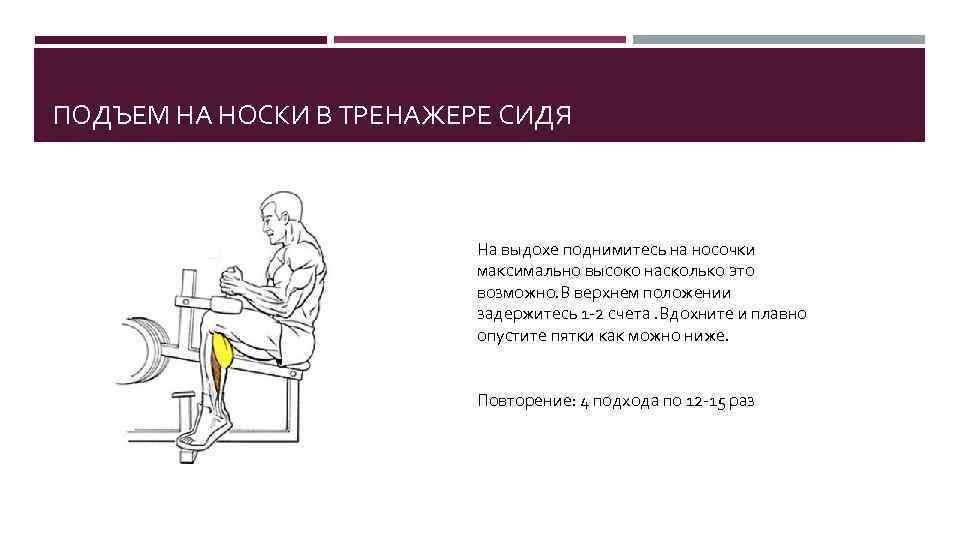 ПОДЪЕМ НА НОСКИ В ТРЕНАЖЕРЕ СИДЯ На выдохе поднимитесь на носочки максимально высоко насколько