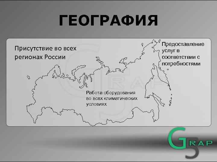 ГЕОГРАФИЯ Предоставление услуг в соответствии с потребностями Присутствие во всех регионах России Работа оборудования