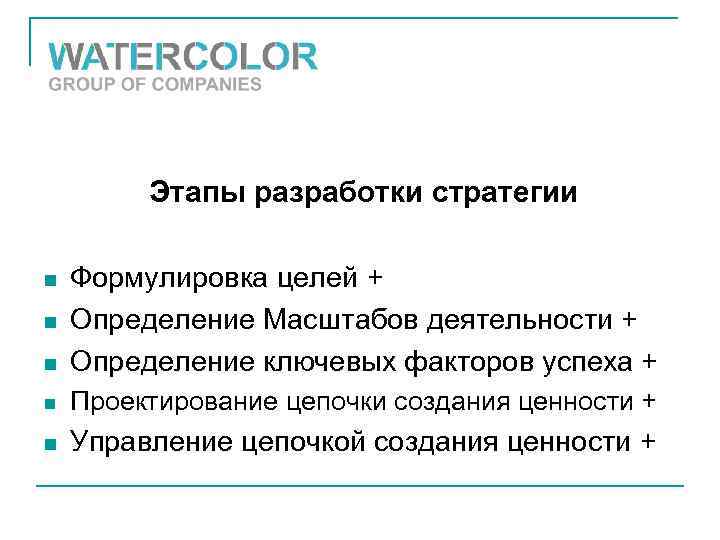 Этапы разработки стратегии n Формулировка целей + Определение Масштабов деятельности + Определение ключевых факторов