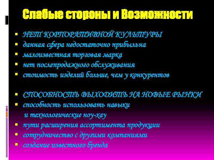 Слабые стороны и Возможности НЕТ КОРПОРАТИВНОЙ КУЛЬТУРЫ данная сфера недостаточно прибыльна малоизвестная торговая марка