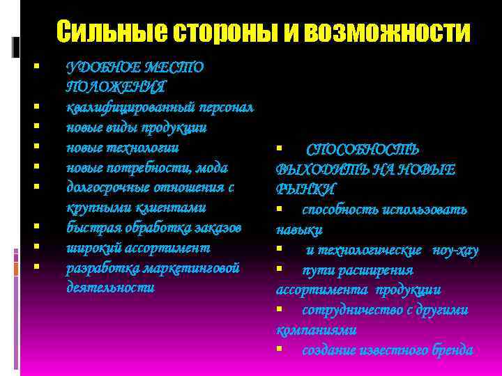 Сильные стороны и возможности УДОБНОЕ МЕСТО ПОЛОЖЕНИЯ квалифицированный персонал новые виды продукции новые технологии