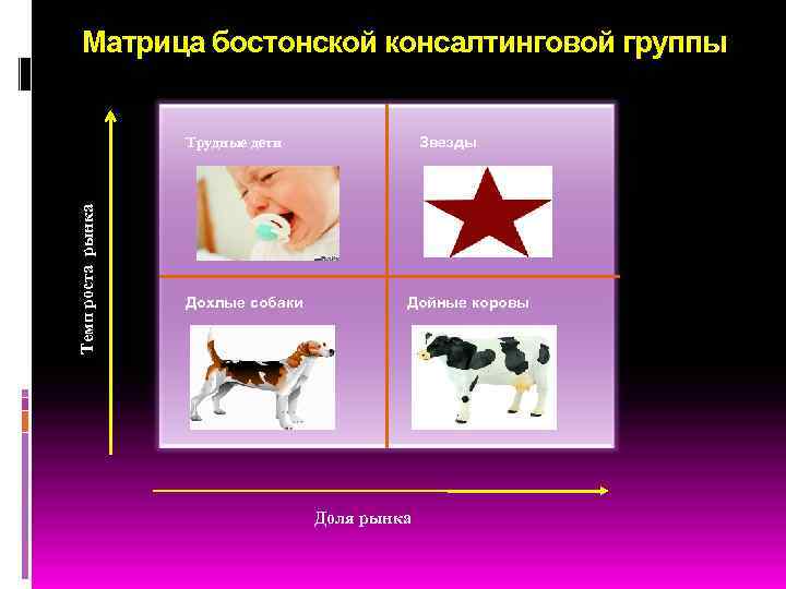 Матрица бостонской консалтинговой группы Звезды Темп роста рынка Трудные дети Дохлые собаки Дойные коровы