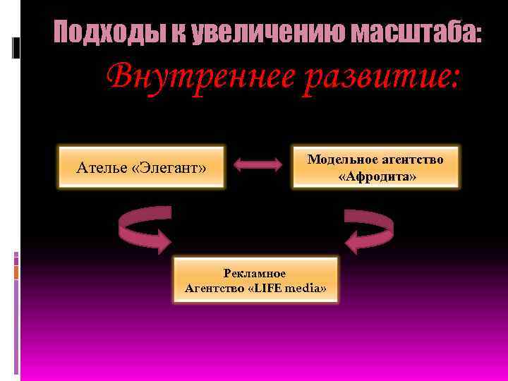 Подходы к увеличению масштаба: Внутреннее развитие: Ателье «Элегант» Модельное агентство «Афродита» Рекламное Агентство «LIFE