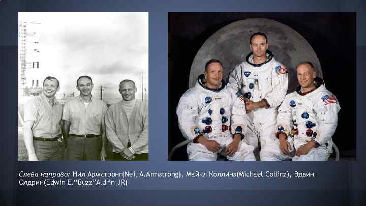 Слева направо: Нил Армстронг(Neil A. Armstrong), Майкл Коллинз(Michael Collinz), Эдвин Олдрин(Edwin E. “Buzz”Aldrin, JR)