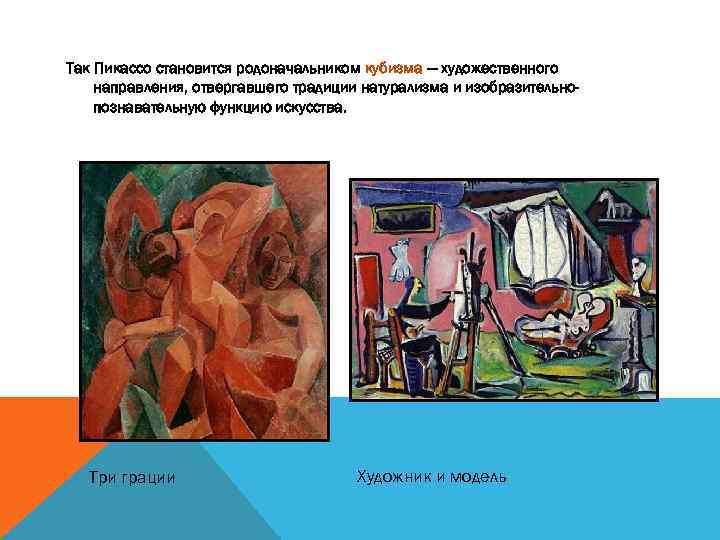 Так Пикассо становится родоначальником кубизма — художественного направления, отвергавшего традиции натурализма и изобразительнопознавательную функцию