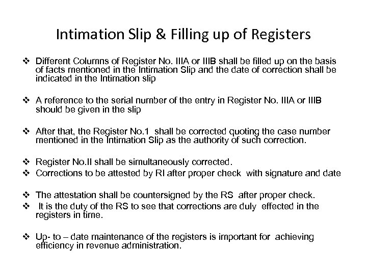 Intimation Slip & Filling up of Registers v Different Columns of Register No. IIIA