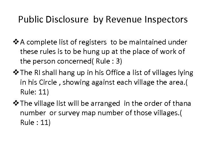 Public Disclosure by Revenue Inspectors v A complete list of registers to be maintained