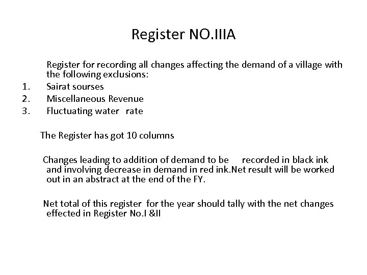 Register NO. IIIA 1. 2. 3. Register for recording all changes affecting the demand