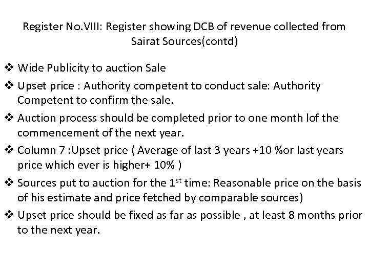 Register No. VIII: Register showing DCB of revenue collected from Sairat Sources(contd) v Wide